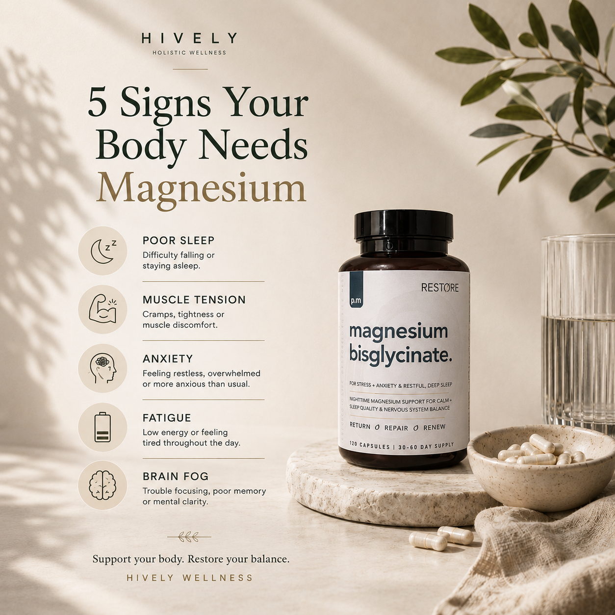 Hively magnesium supplement bottle with text on a neutral background