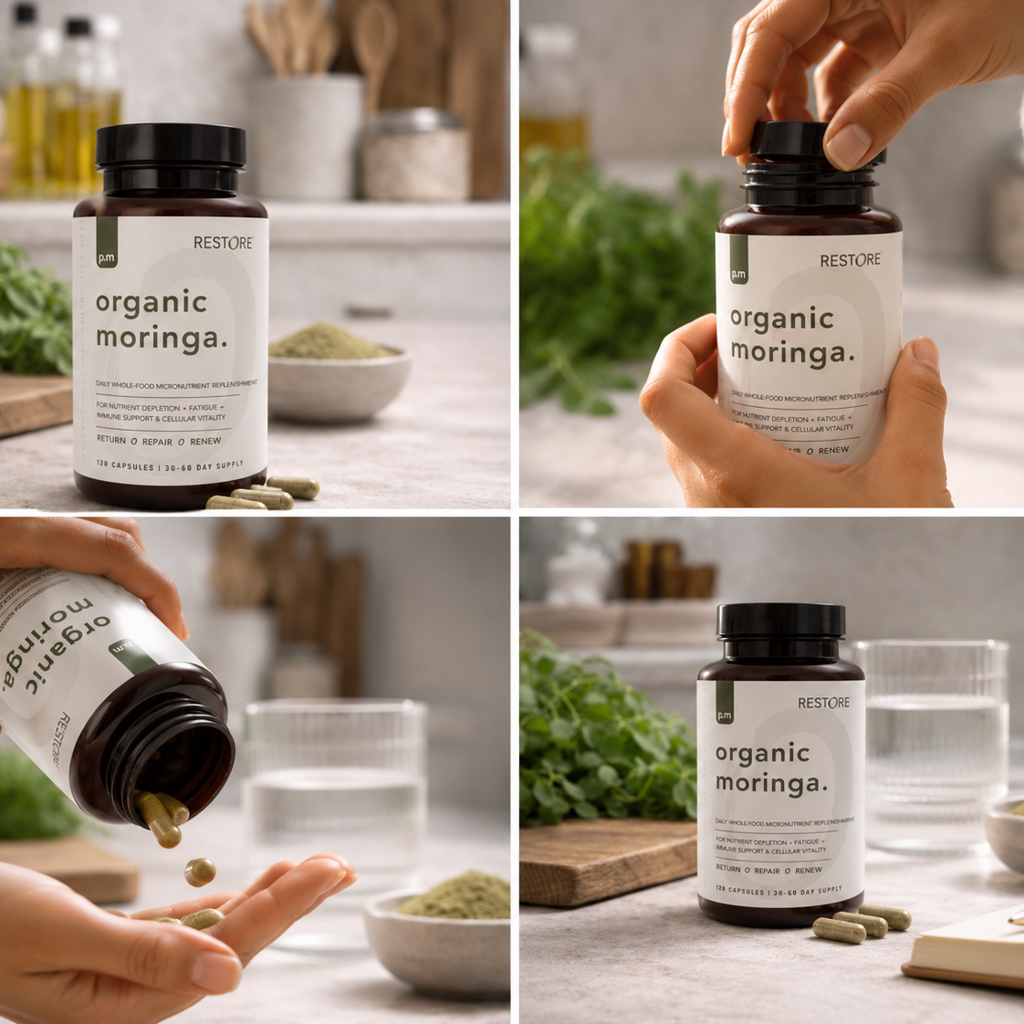 Collage of images featuring organic moringa products with a focus on hands holding and using the product.
