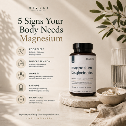 Hively magnesium supplement bottle with text on a neutral background