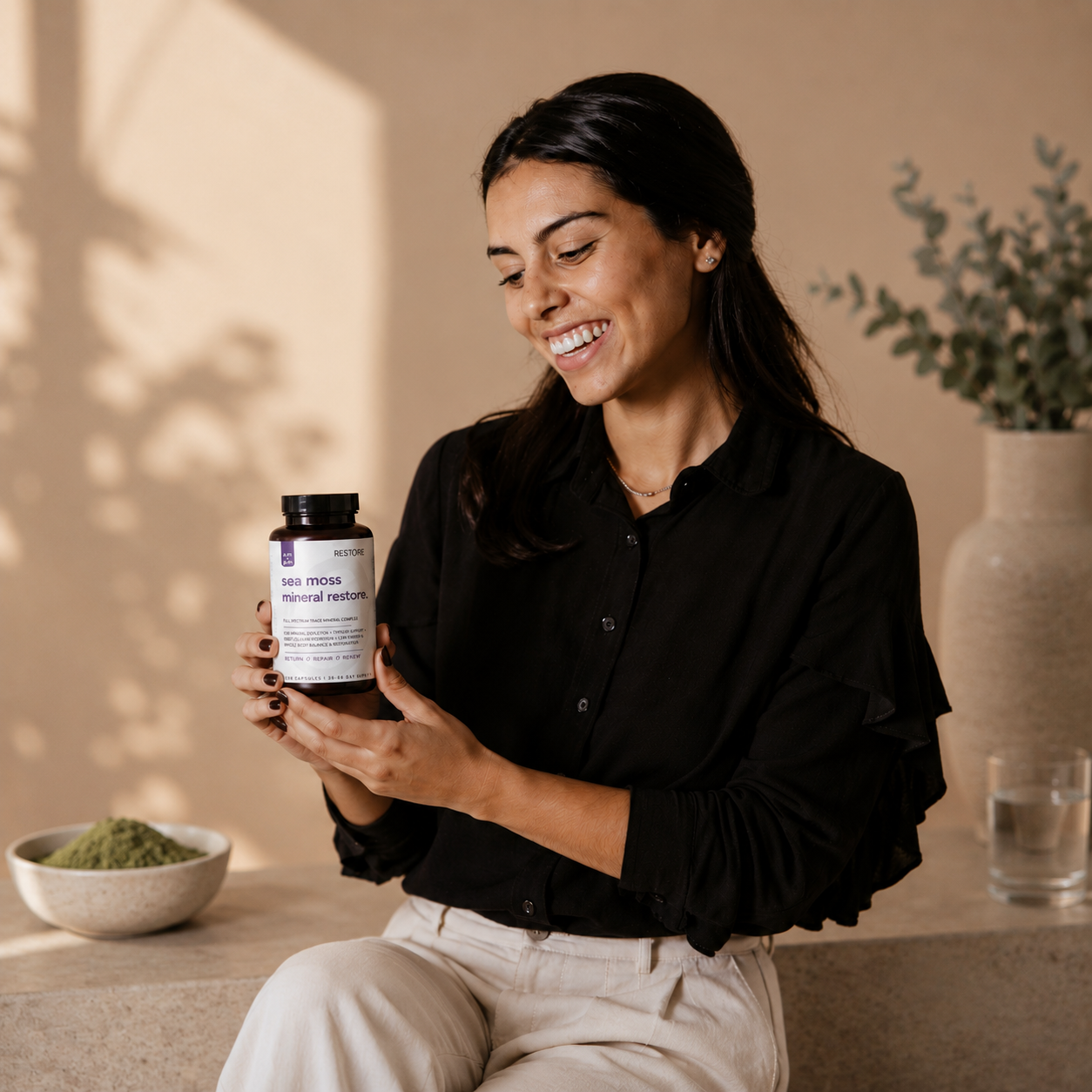 Woman holding a supplement bottle in a home setting with plants and a bowl of greens.