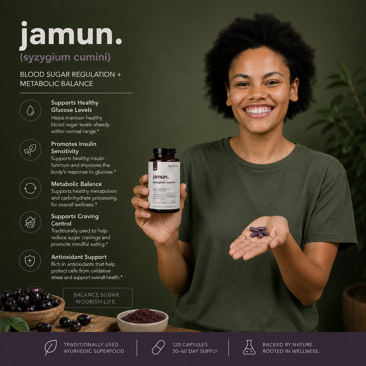 Person holding a bottle of 'jamun' supplements with product details on a dark background