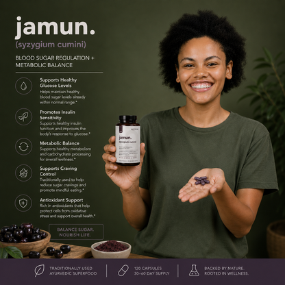 Person holding a bottle of 'jamun' supplements with product details on a dark background