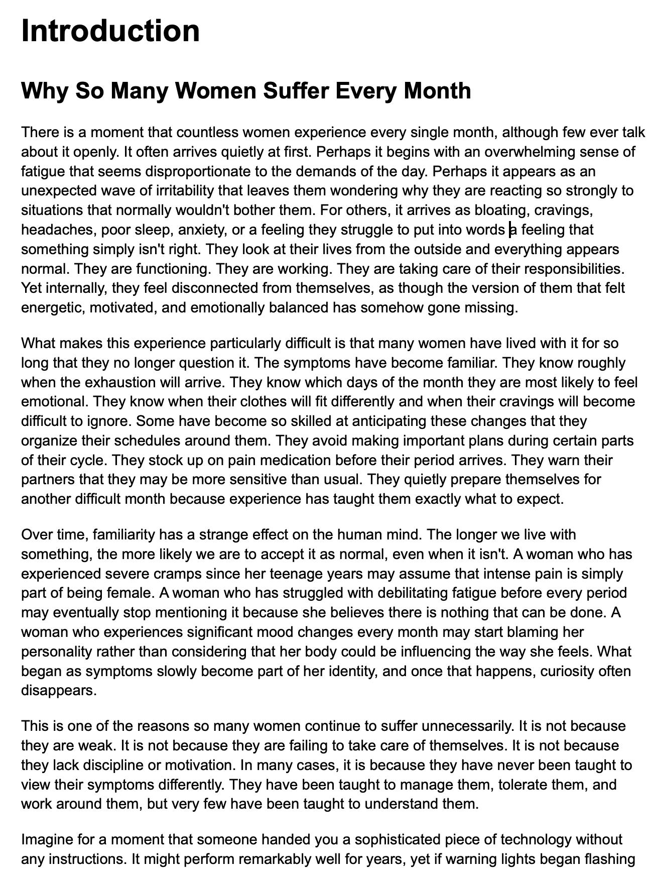 Text document discussing women suffering monthly symptoms and lack of understanding.
