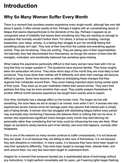 Text document discussing women suffering monthly symptoms and lack of understanding.