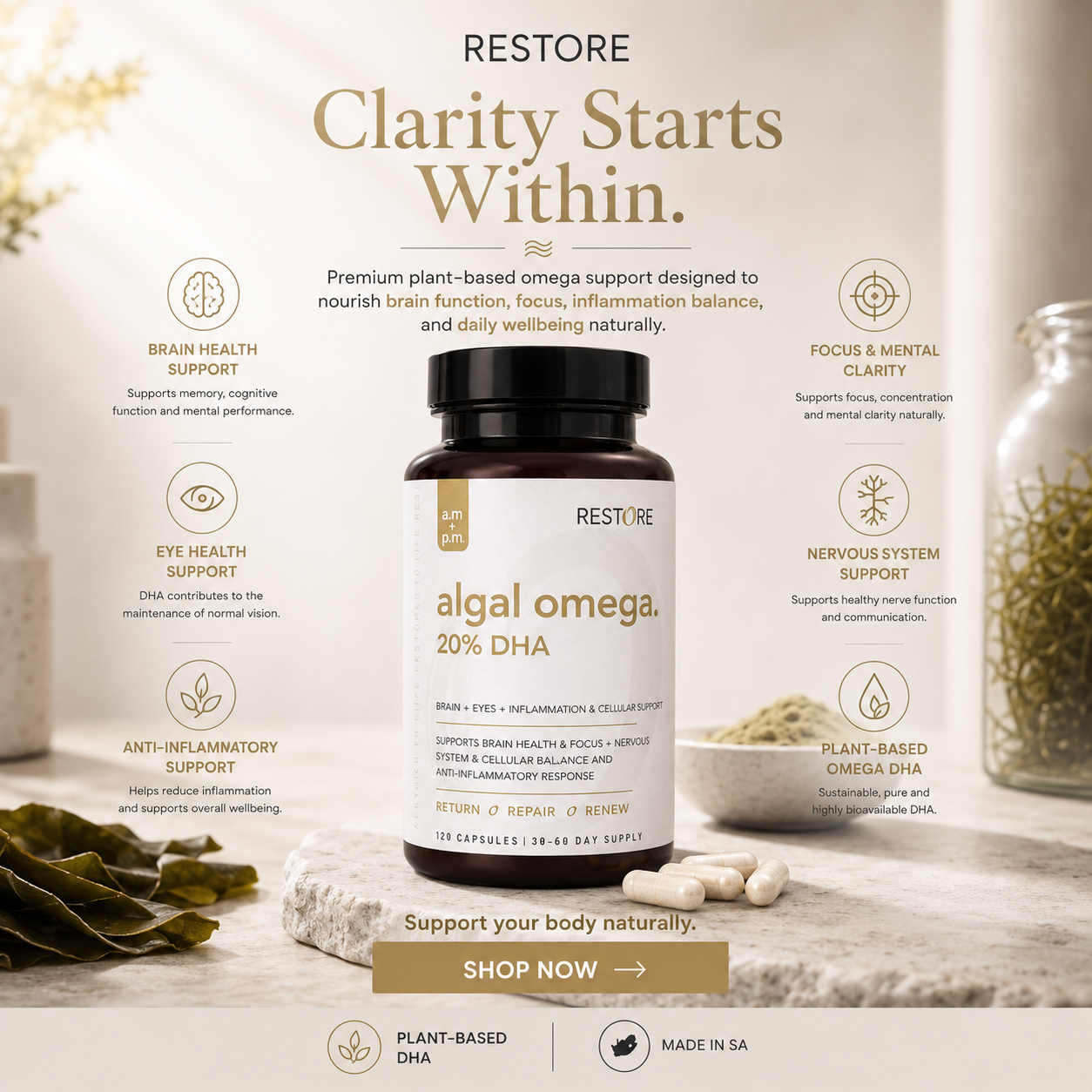 Algal omega supplement bottle with wellness theme and text on a neutral background