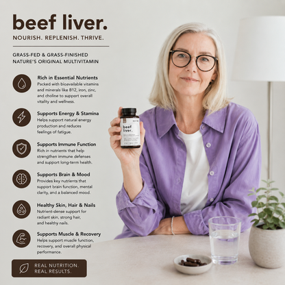 Woman holding a supplement bottle with text about beef liver supplements.