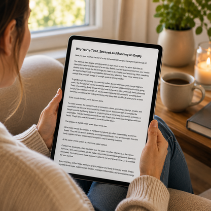 Person reading on a tablet in a cozy living room setting with a cup of coffee and candle.