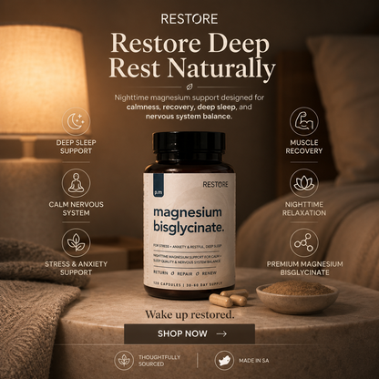 Bottle of magnesium bisglycinate supplement on a wooden surface with a warm, cozy background.