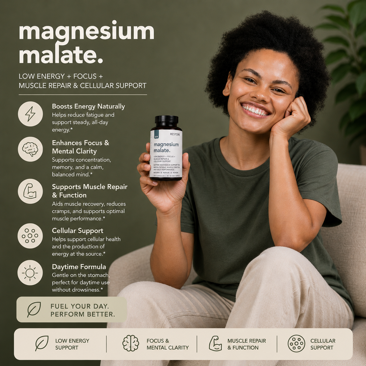 Person holding a supplement bottle with text about magnesium malate benefits on a neutral background
