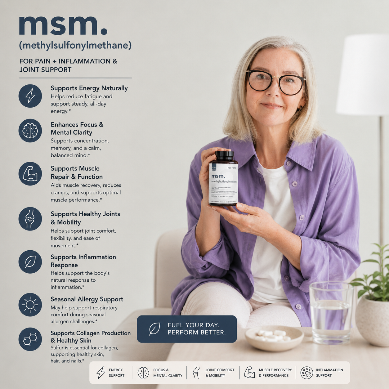 Woman holding a bottle of msm supplement with product details on a light background
