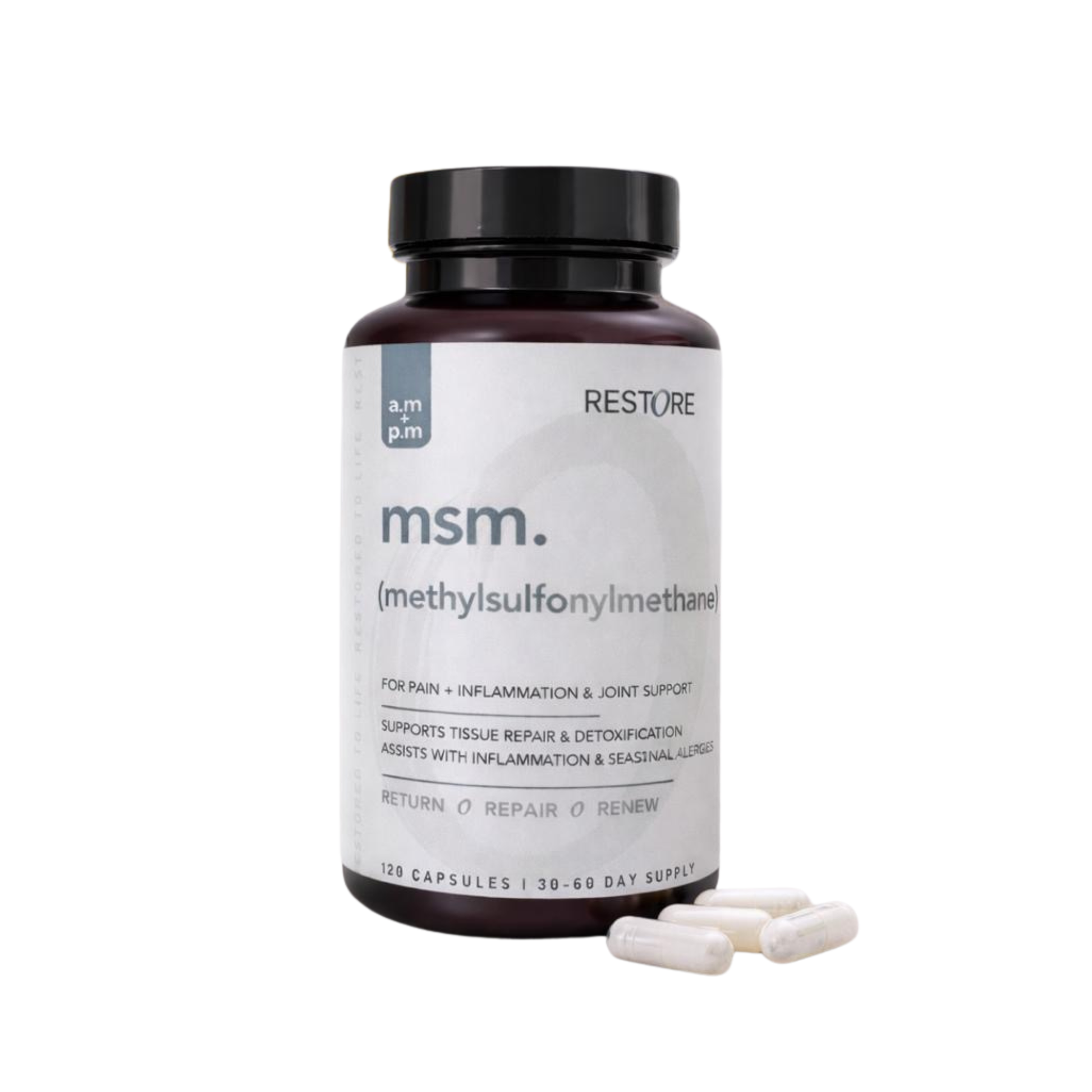 Bottle of MSM capsules with a white background