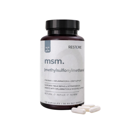 Bottle of MSM capsules with a white background