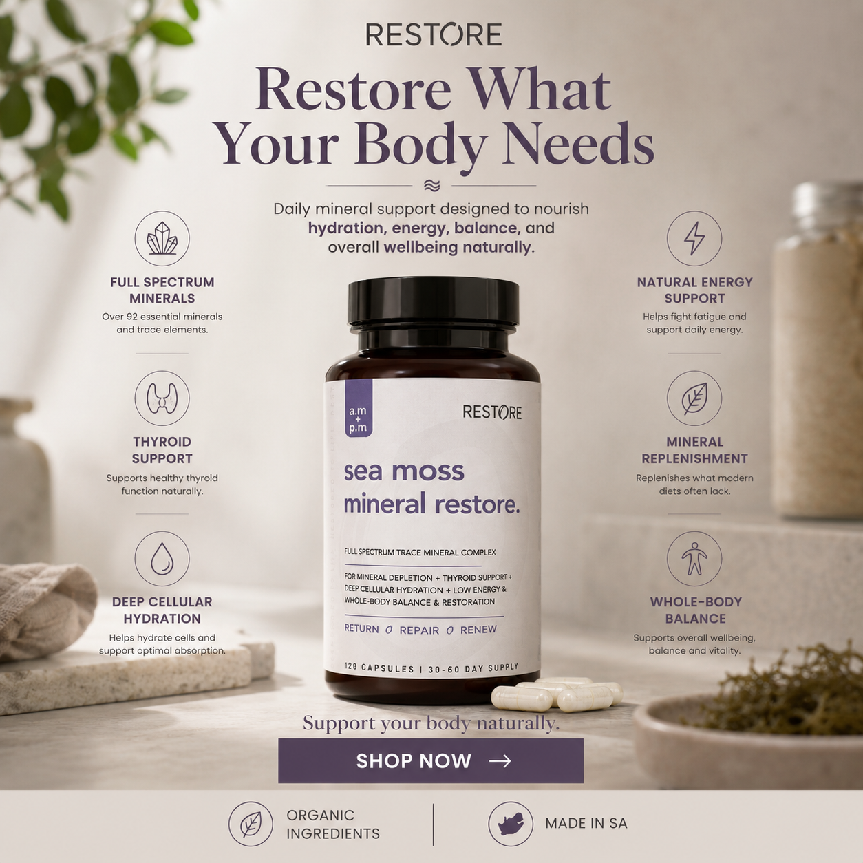 Advertisement for Restore sea moss mineral restore with product and benefits listed.