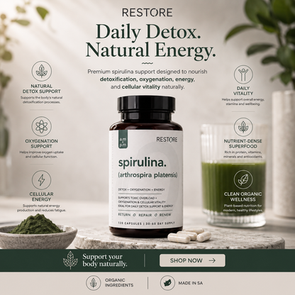 Spirulina supplement bottle with packaging and text on a light background